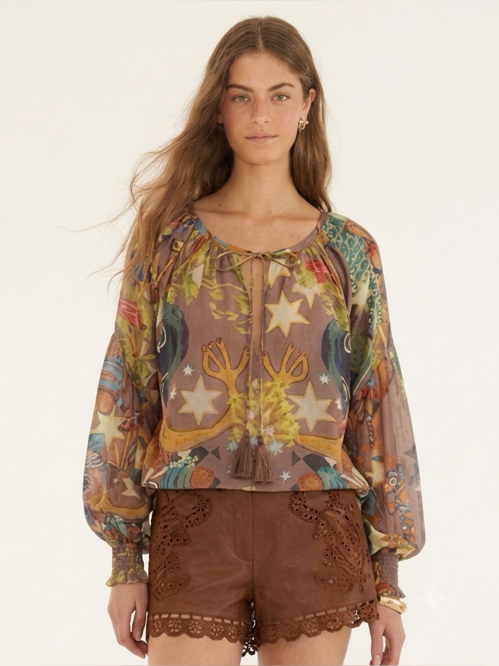 Boho Starprint Sheer Tie-Neck Blouse - Brown Multi